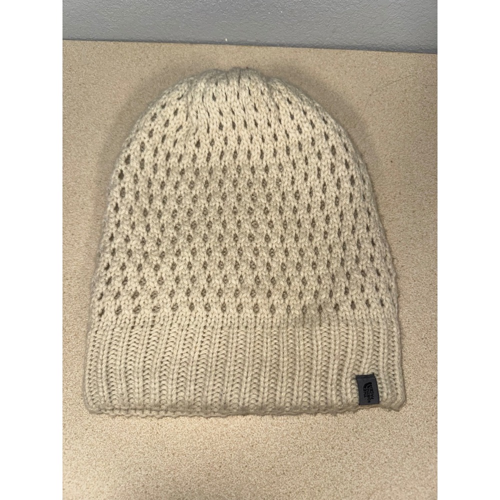The North Face Womens Knit Beanie Oatmeal Cream Pointelle Ribbed Winter Hat
